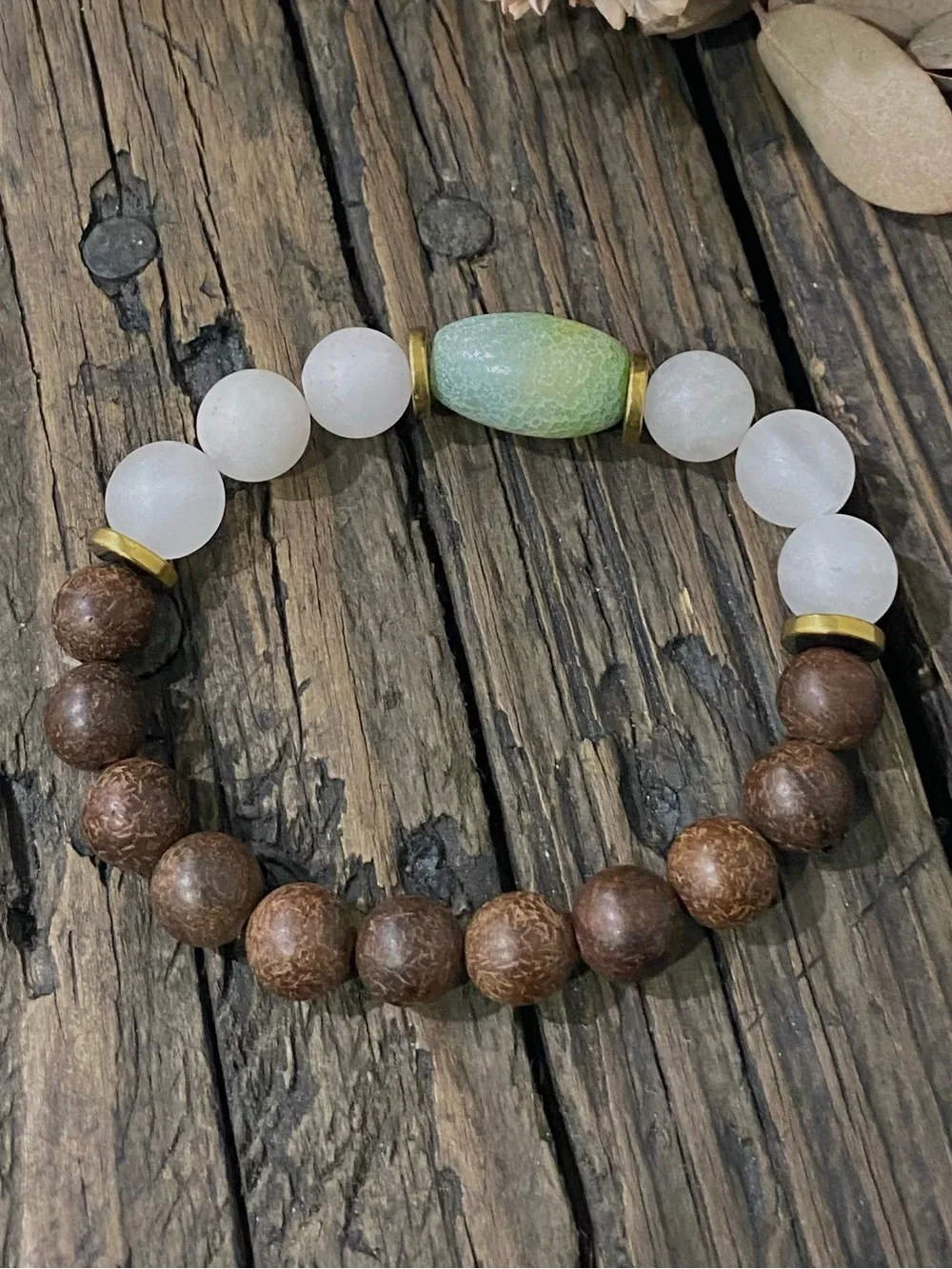 Sandalwood and Quartz Bead Stretch Bracelet, Gold & Green Glass Accents